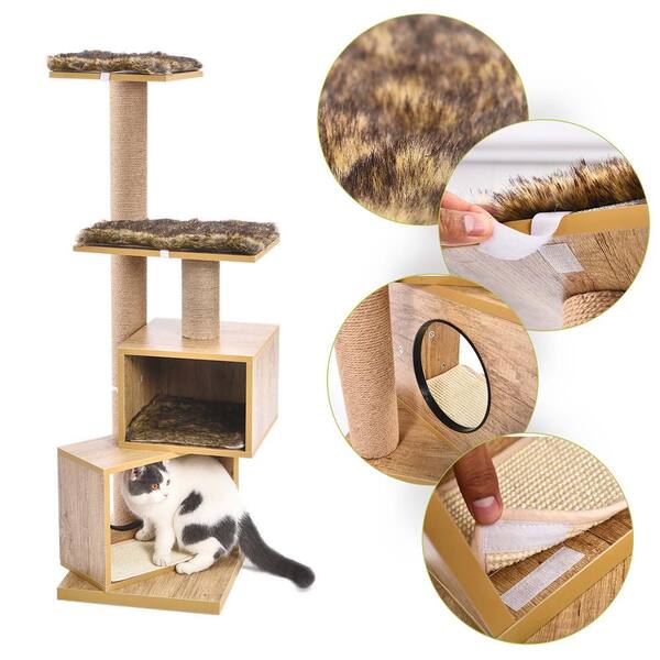 Wood Cat Tree Modern Cat Tower Sisal Scratching Post Double Condos