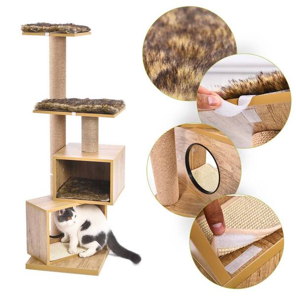 Sweet Barks Elegant Wooden Modern Cat Tree Cat Condo Multi-Level Towers Cat Activity Tower with Scratching Posts, with Removable and Washabl