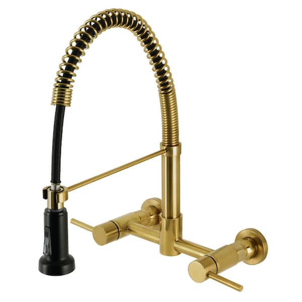 Kingston Brass Concord 2-Handle Wall Mount Pull Down Sprayer Kitchen Faucet in Brushed Brass