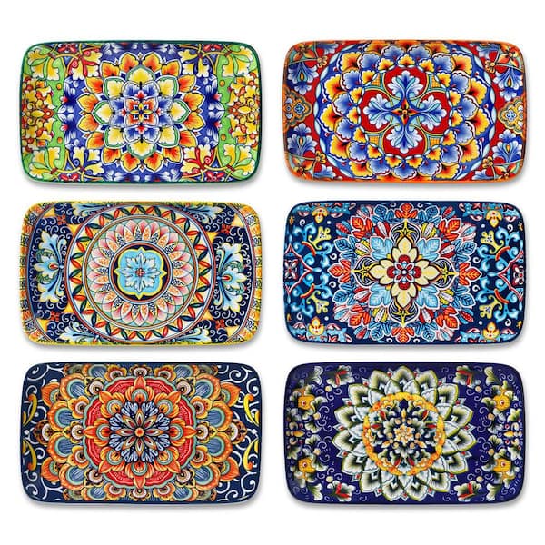 6-Piece 8.5 in. Rectangular Ceramic Salad Plates Set with Bohemian Design for Sushi, Appetizers, Dessert