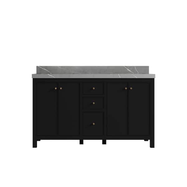 Willow Collections Chicago 60 in. W x 22 in. D x 36 in. H Double Sink Bath Vanity in Black with 2 in. Piatra Gray Qt. Top