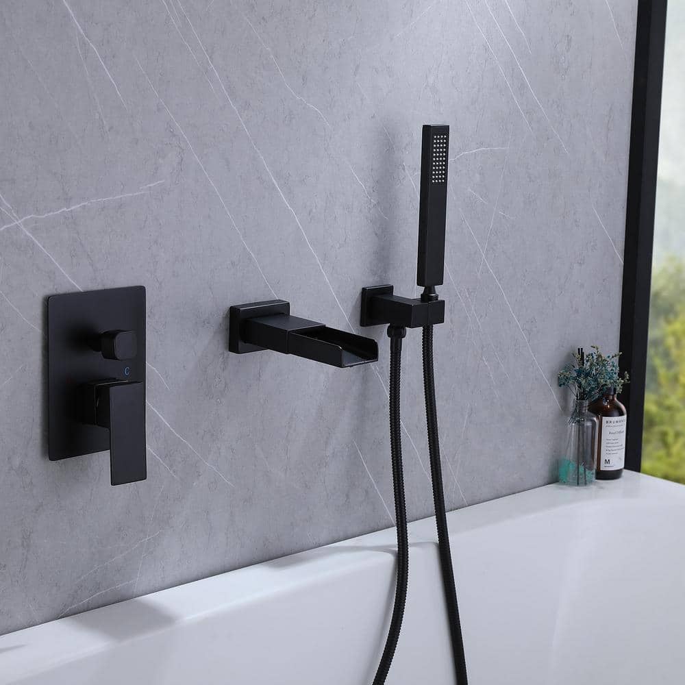 Matte Black Freestanding Waterfall Tub Faucet with Hand Shower