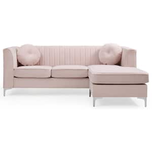 Delray 87 in. Pink Square Arm Velvet Tight Back L Shaped 3-Seat Sofa