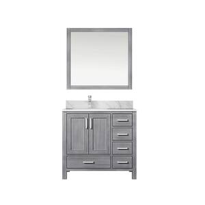 Jacques 36 in. W x 22 in. D Left Offset Distressed Grey Bath Vanity, Carrara Marble Top, Faucet Set, and 34 in. Mirror