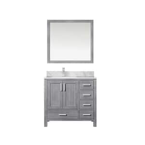 Jacques 36 in. W x 22 in. D Left Offset Distressed Grey Bath Vanity, Carrara Marble Top, Faucet Set, and 34 in. Mirror