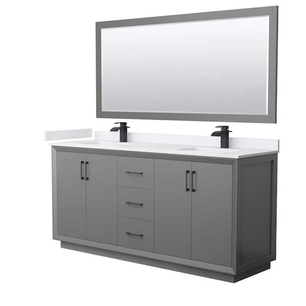 Wyndham Collection Strada 72 in. W x 22 in. D x 35 in. H Double Bath Vanity in Dark Gray with White Cultured Marble Top and 70 in. Mirror