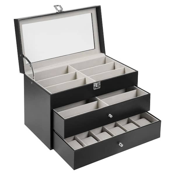 YIYIBYUS Black Leather 12-Watch and 12-Eyeglasses Organizer Display Box With Metal Buckle