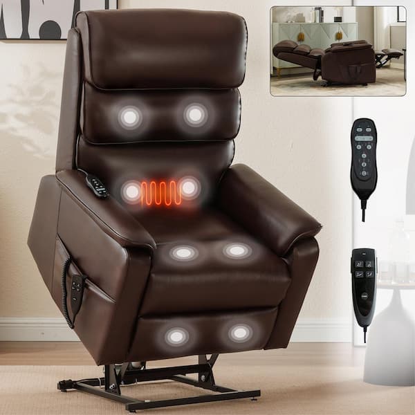 Brown Breathable Leather Dual Motor Infinite Position Up to 350 lbs. Power Lift Recliner Chair with Heat Massage