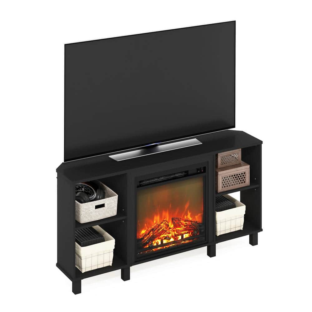 Gray Jensen Corner TV Stand with Electric Fireplace and Metal Legs