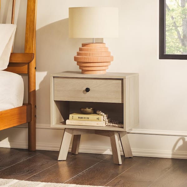 1-Drawer Coastal Oak Wood Mid-Century Modern Storage Nightstand