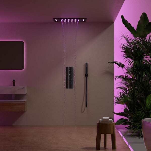 LED Thermostatic Valve 7-Spray Ceiling Mount 23*15 in. Fixed and Handheld Shower Head 2.5 GPM in Matte Black