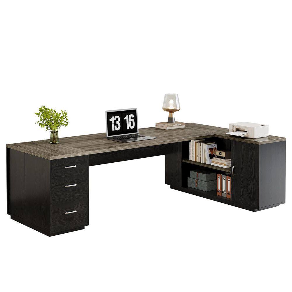 Capen 85.8 in. Gray and Black L-Shaped Executive Desk Extra Large Business Office Desk with Storage Drawers and Shelves price history on PriceWatchPro