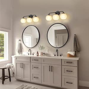 23 in. 3-Light Black Vanity Light with Globe White Glass Shades for Bathroom, Mirror, Vanity Area