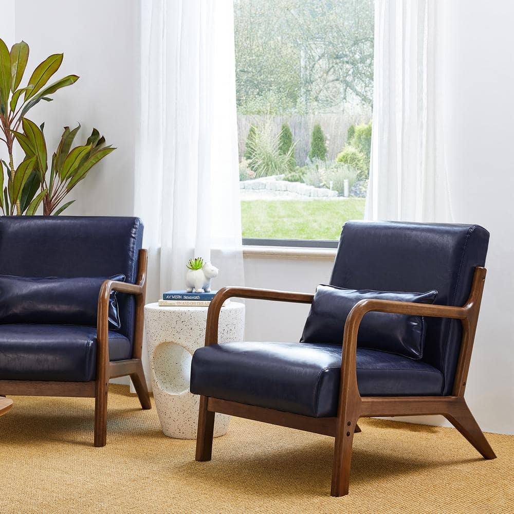 Set of 2 Navy Blue Leatherette Accent Chairs with Walnut Legs