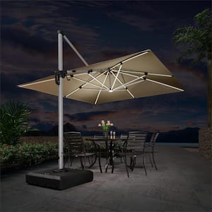 11 ft. Square Aluminum Solar Powered LED Patio Cantilever Offset Umbrella with Stand, Beige