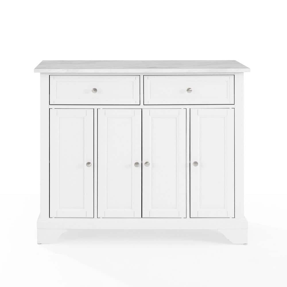 Avery Distressed White Kitchen Island Cart with Faux Marble Top