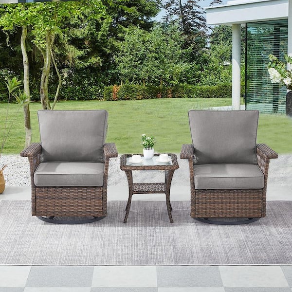 Gymojoy StLouis Brown 3-Piece Wicker Patio Conversation Set with Gray Cushions