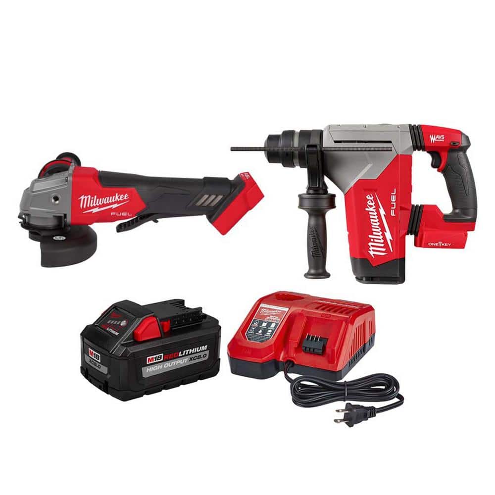 Milwaukee M18 FUEL 18-Volt Lithium-Ion Brushless Cordless SDS-Plus 1-1/8  in. Rotary Hammer Drill FUEL Grinder w/8.0Ah Starter Kit  2915-20-2880-20-48-59-1880 - The Home Depot