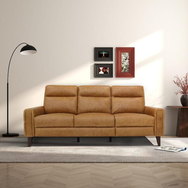 Ashcroft Furniture Co Daria 79 in. Square Arm Genuine Leather Left-Facing Power Inclining 3-Seater Rectangle Sofa in Tan