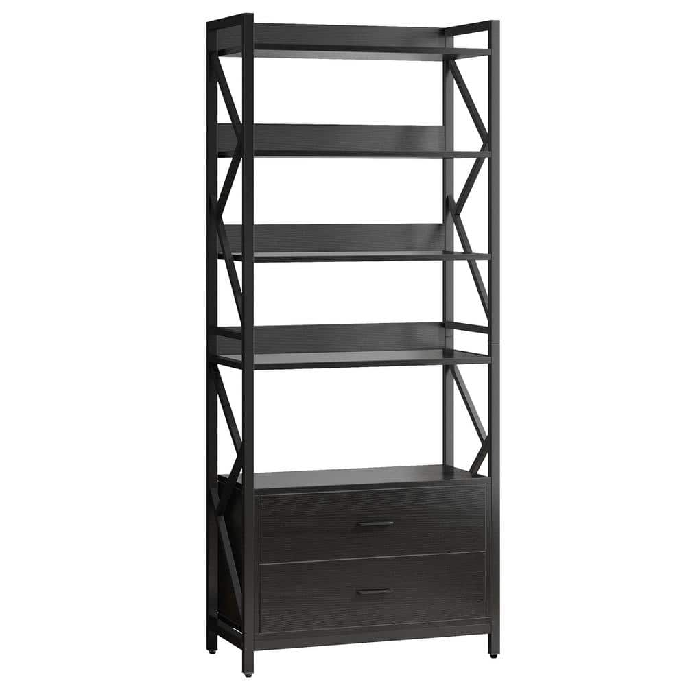 Byblight Eulas In Tall Black Engineered Wood Bookcase Shelf Bookshelf With Drawers