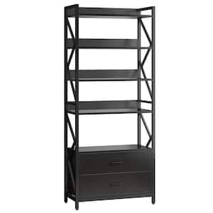 Eulas 70.8 in. Tall Black Engineered Wood Bookcase, 5-Shelf Bookshelf with 2-Drawers, Tall Rustic Open Display Shelf