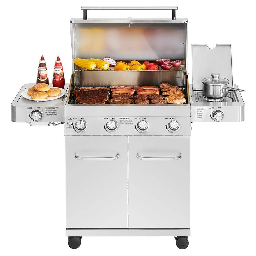 Stainless Steel 4-Burner Propane Gas Grill with Infrared Side Burner