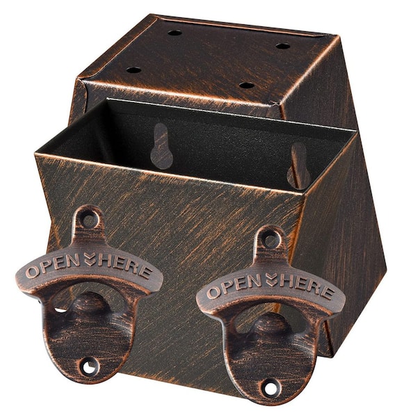 Antique Copper Wall-Mounted Beer and Soda Bottle Openers with Cap Catcher Bucket (Set of 2)