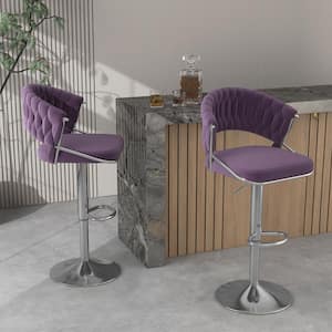 43.14 in. Modern Purple Low Back Silver Metal Frame Adjustable Height Swivel Bar Stool with Velvet Seat (Set of 2)