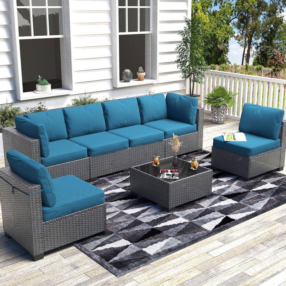 7-Piece Patio Set with PE Wicker Sofa in Dark Curry & Peacock Blue, Tempered Glass Table, Cushions, Rustproof Frame 2/2 price history on PriceWatchPro