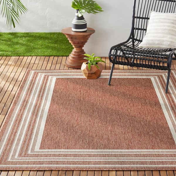Patio Country Layla Terracotta/Ivory 8 ft. x 10 ft. Modern Border Indoor/Outdoor Area Rug