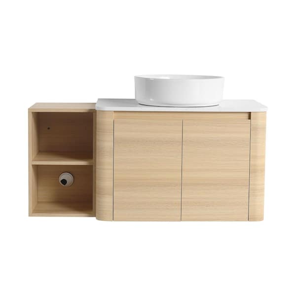 42 in. Wall-Mounted White Oak Bath Vanity with White Engineered Stone Top, White Sink, Storage Shelves Unassembled