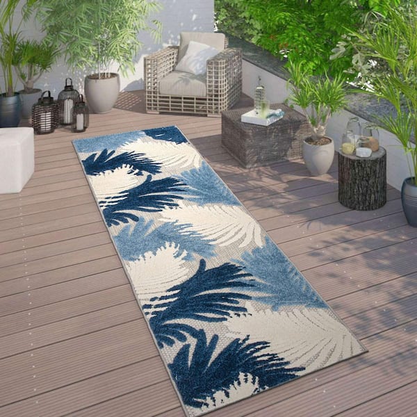 Contemporary Tropical Large Floral Navy 2 ft. 7 in. x 12 ft. Indoor/Outdoor Runner Rug