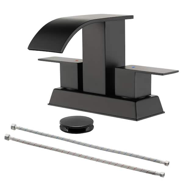 4 in. Centerset Double Handle Bathroom Faucet with Drain Kit Included, Wide Waterfall Spout Faucet in Matte Black