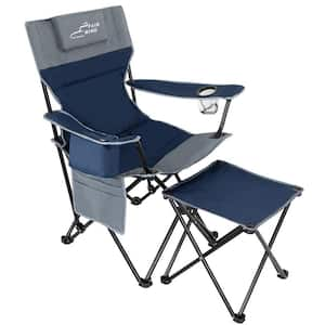 Oversized Padded Camping Lounge Chair with Footrest Stool and Headrest, Blue