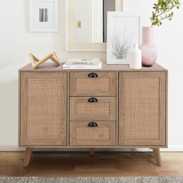 PHI VILLA Storage Cabinet with Baskets Rattan Cabinet with Drawers  Farmhouse Accent Cabinet for Bedroom Entryway, 2 Drawer and 4 Baskets  Accent Chest