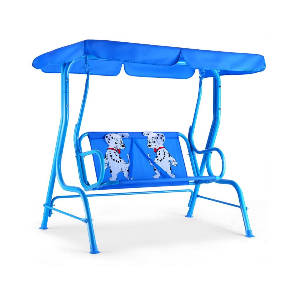 46 in. Kids 2-Seat Patio Swing Bench with Adjustable Canopy, Safety Belts and Metal Frame, Blue