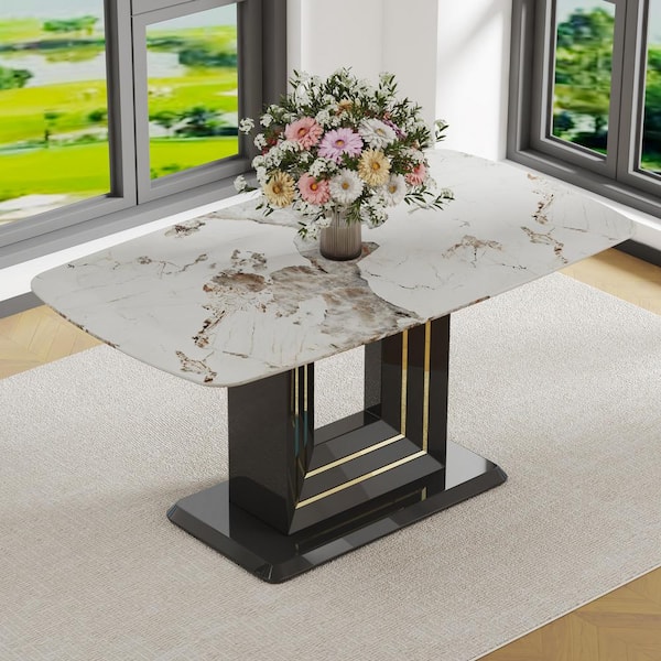 Harper & Bright Designs White and Black Glass 63 in. U-Shape MDF Pedestal Dining Table Seats 6 with Faux Marble Decorations