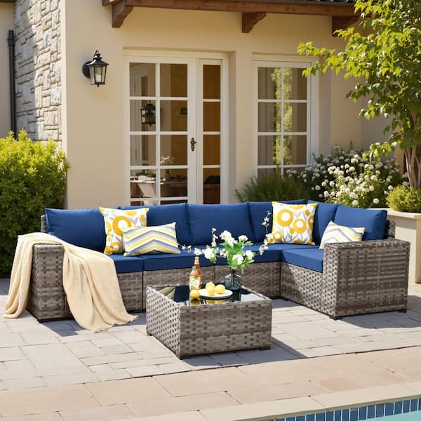 Zoila Gray 6-Piece Wicker 7.68 in. Wide Arm Outdoor Patio Sectional Set with Navy Blue Cushions