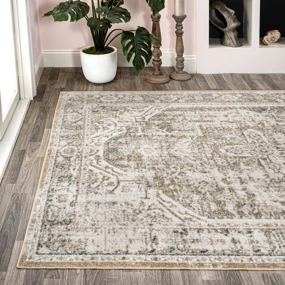 Green and Cream Medallion Machine-Washable Area Rug