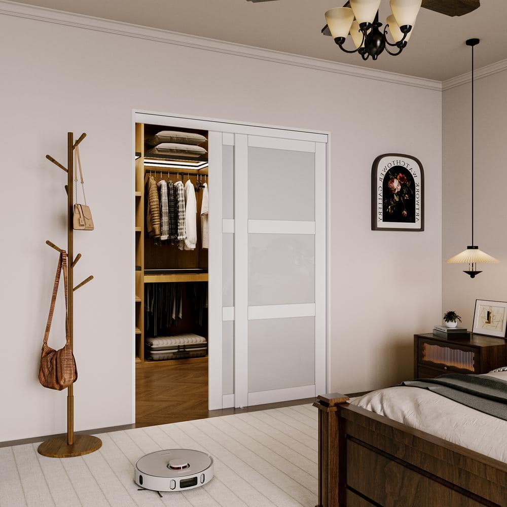 White 60 x 80 Frosted Glass Sliding Closet Door