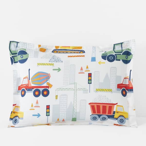 The Company Store Company Kids Construction Trucks White Multi Organic Cotton Percale Standard Sham
