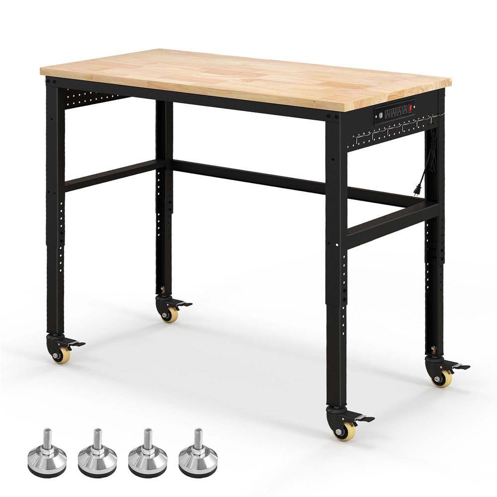 48'' Adjustable Oak Wood Top Workbench with Steel Frame and Power Outlets