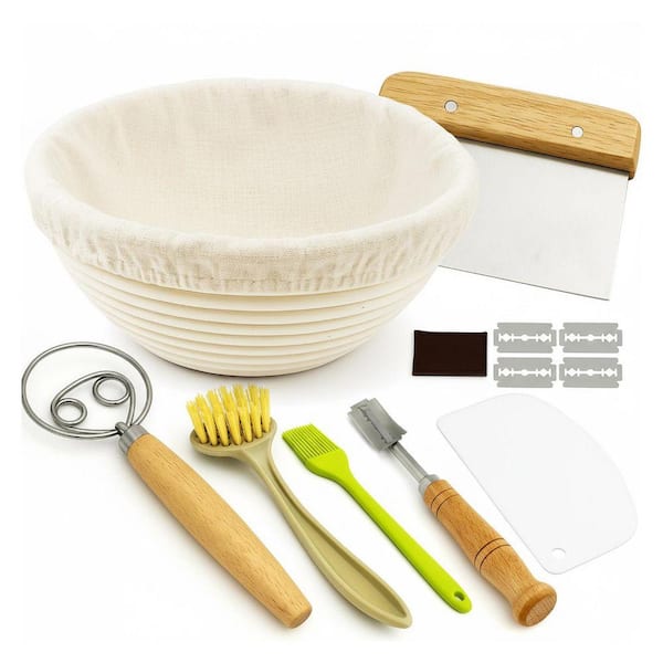 Sourdough Starter Kit 9 in. Bread Proofing Basket w/ Linen Liner Dough Scraper and Bread Lame 5 Blades, Natural Material