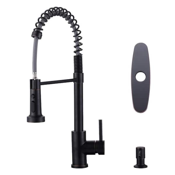 Oil Rubbed Bronze 19 in. Single-Handle Spring Neck Pull Down Sprayer Kitchen Faucet with 360° Swivel and Soap Despenser