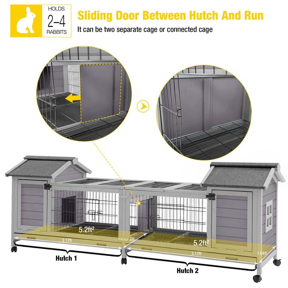 Gray Wooden Indoor/Outdoor Rabbit Hutch with Double House and Run