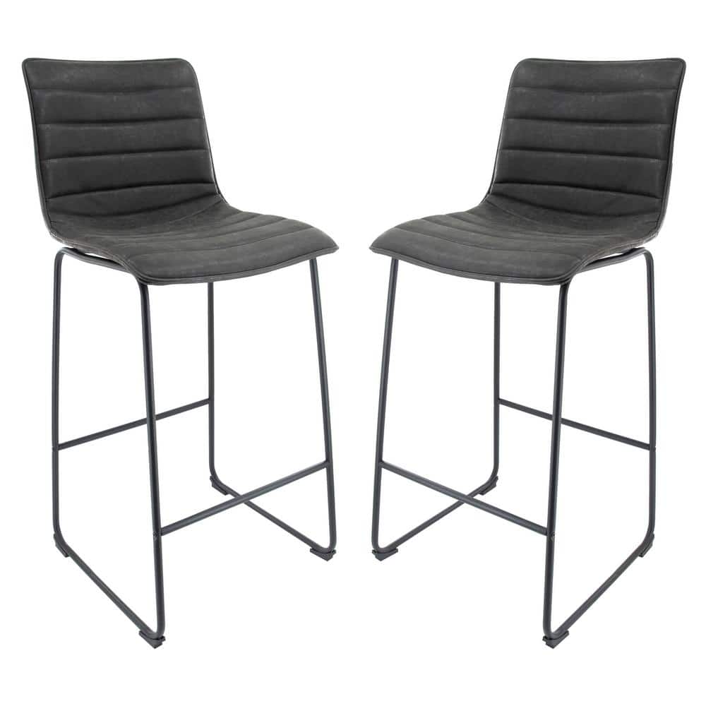 Charcoal Black Modern Leather Bar Stools with Iron Base, Set of 2