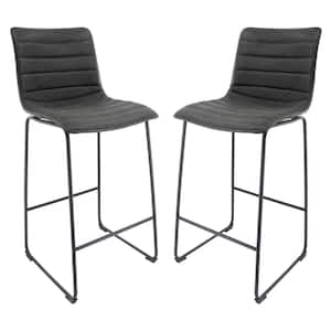 Brooklyn 29.9 in. Modern Leather Bar Stool with Black Iron Base and Footrest in Charcoal Black (Set of 2)