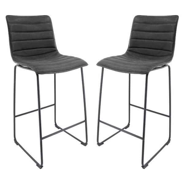 Leisuremod Brooklyn 29.9 in. Modern Leather Bar Stool with Black Iron Base and Footrest in Charcoal Black (Set of 2)
