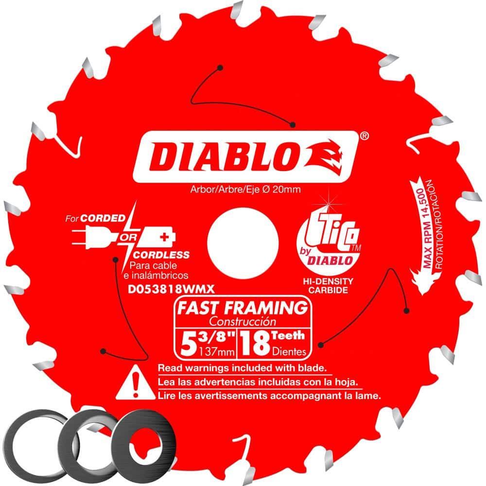 Diablo 5 3 8 In X 18 Tooth Fast Framing Saw Blade With Bushings D053818wmx The Home Depot