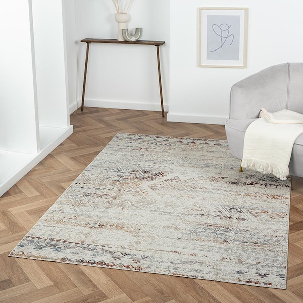 Lara Ivory/Gray 5 ft. x 7 ft. Contemporary Distressed Medallion Machine-Washable Area Rug